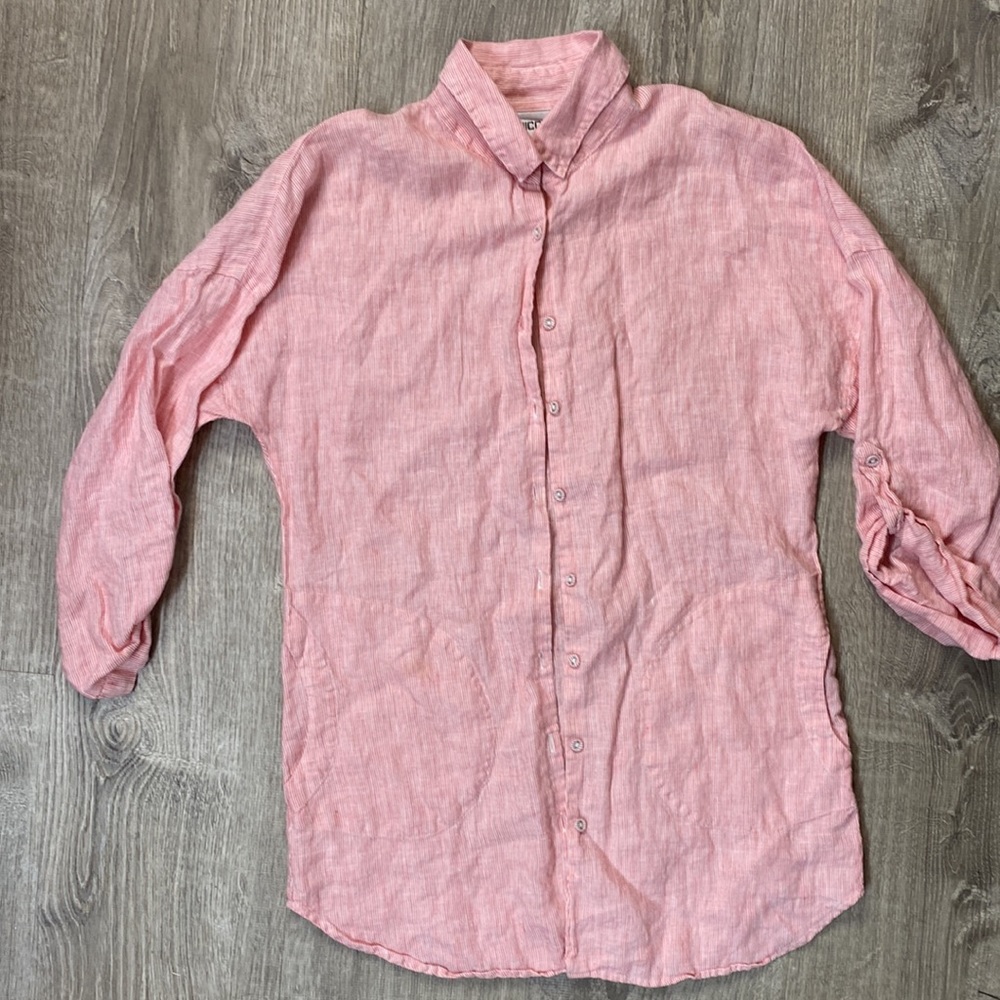 Chico's Womens Sz 0 Button Up Roll Sleeve Striped Linen Tunic Pink Pockets - Picture 2 of 5